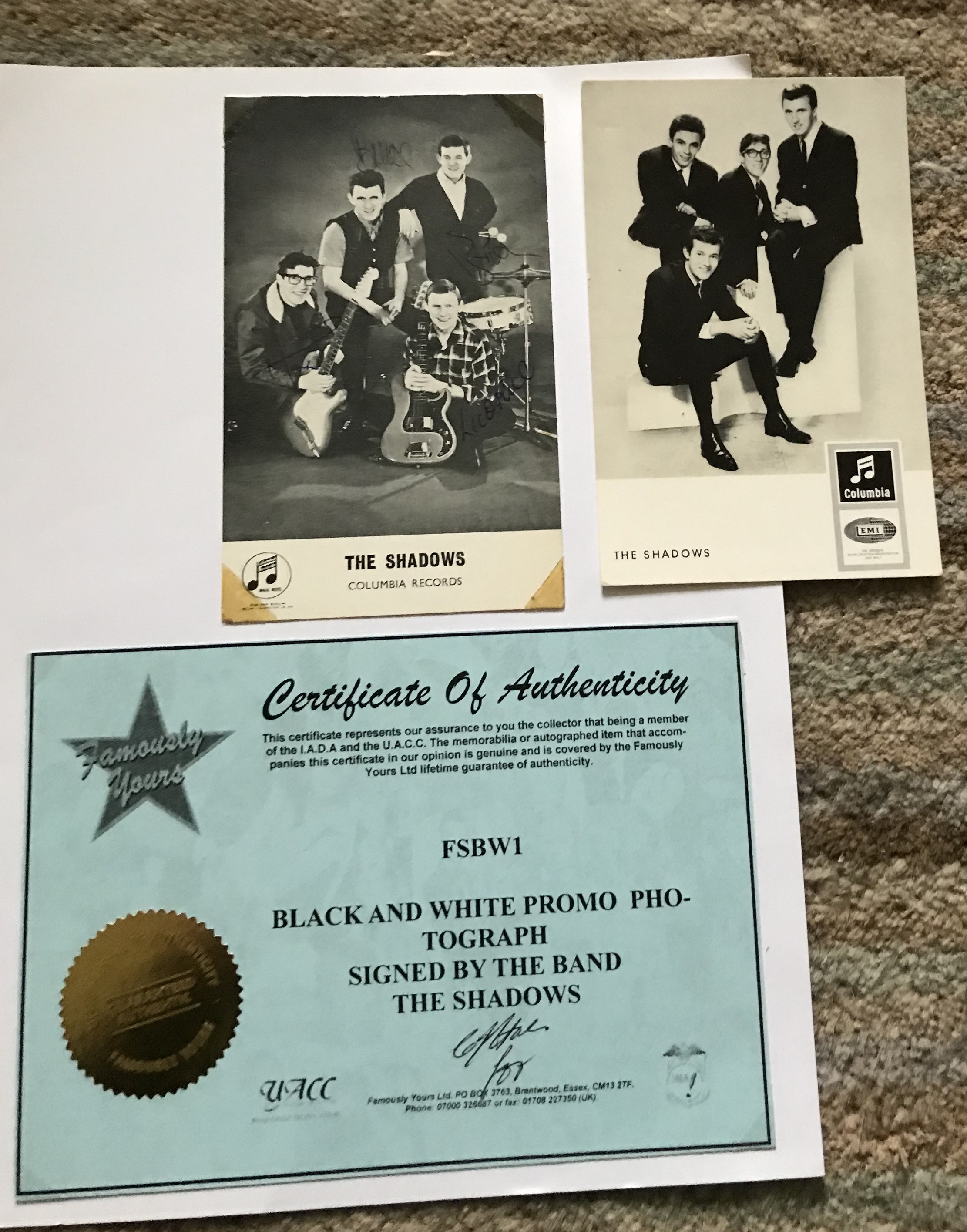 Music The Shadows band signed 6 x 4 inch Columbia records photo fixed to A4 page - Image 2 of 2