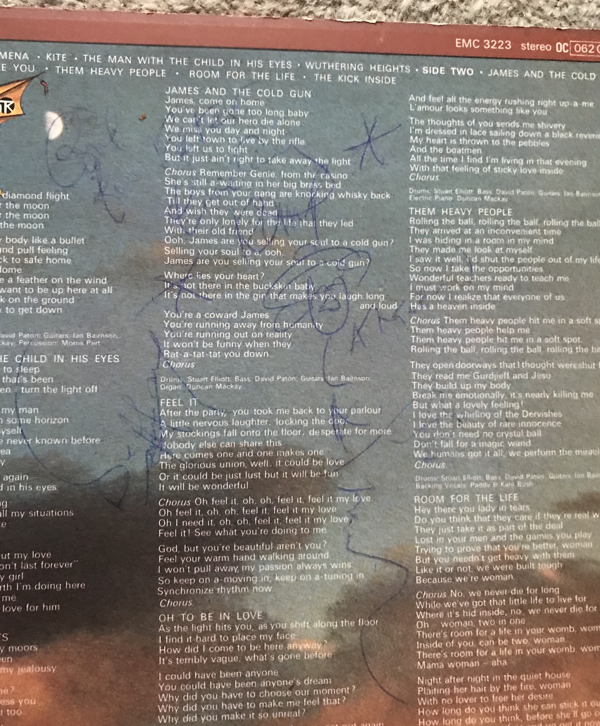 Kate Bush signed 33 rpm record sleeve for The Kick Inside with hand written rare lyrics - Image 5 of 6