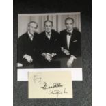 King of Horror signed card. Peter Cushing, Vincent Price and Christopher Lee signed cream card