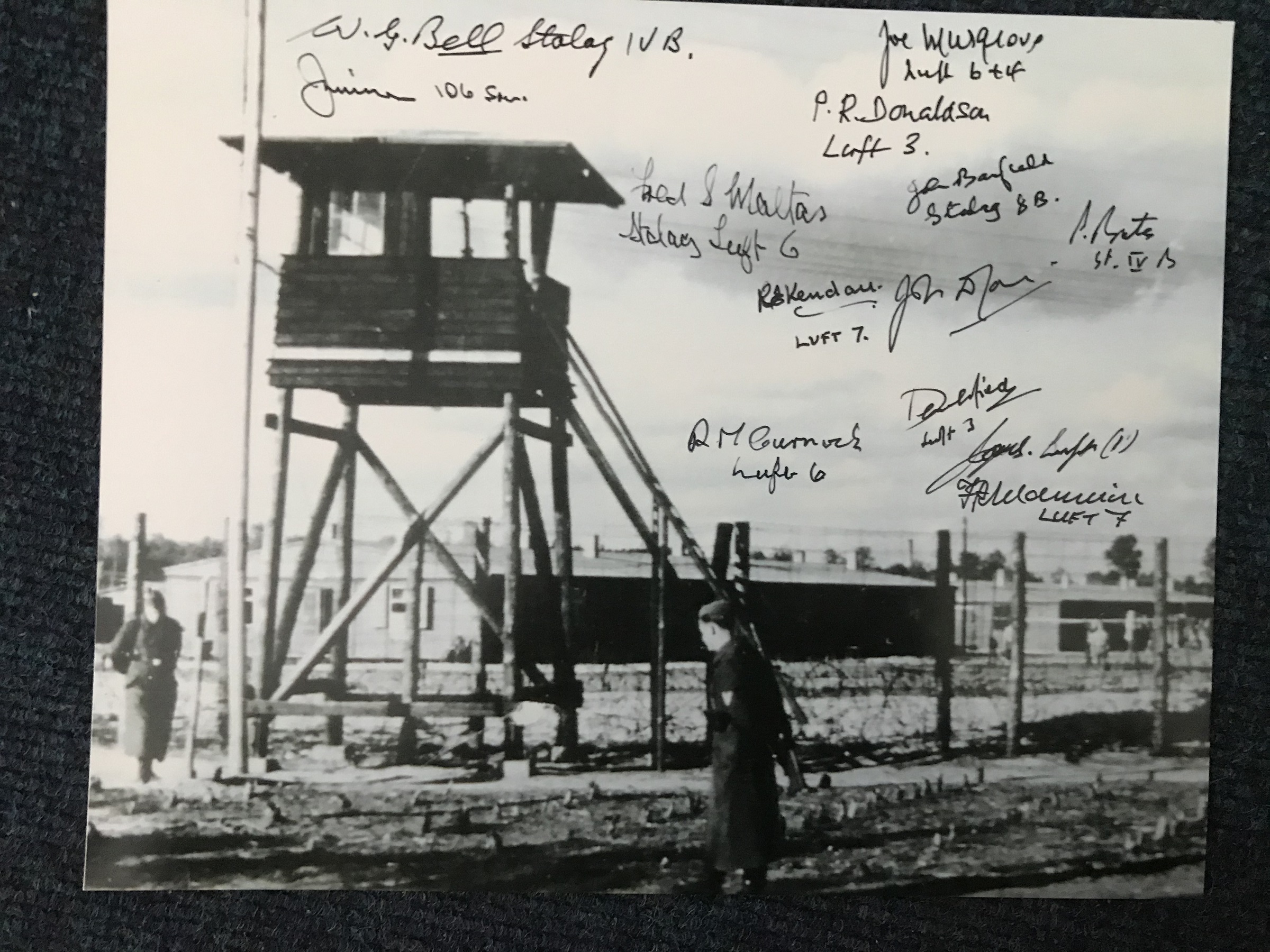 Stalag III 10x8 B/W photo signed by 13 WW2 RAF prisoners of war - Image 2 of 3