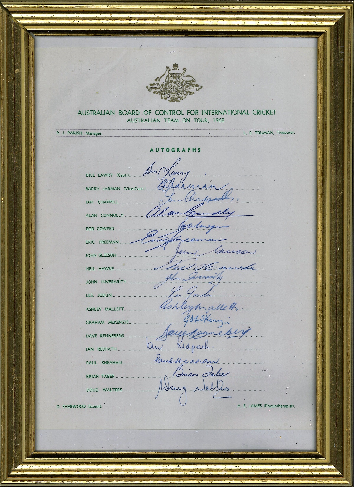 Cricket Australia Cricket Tour 1968 vintage multi signed team sheet great names include Lawry,