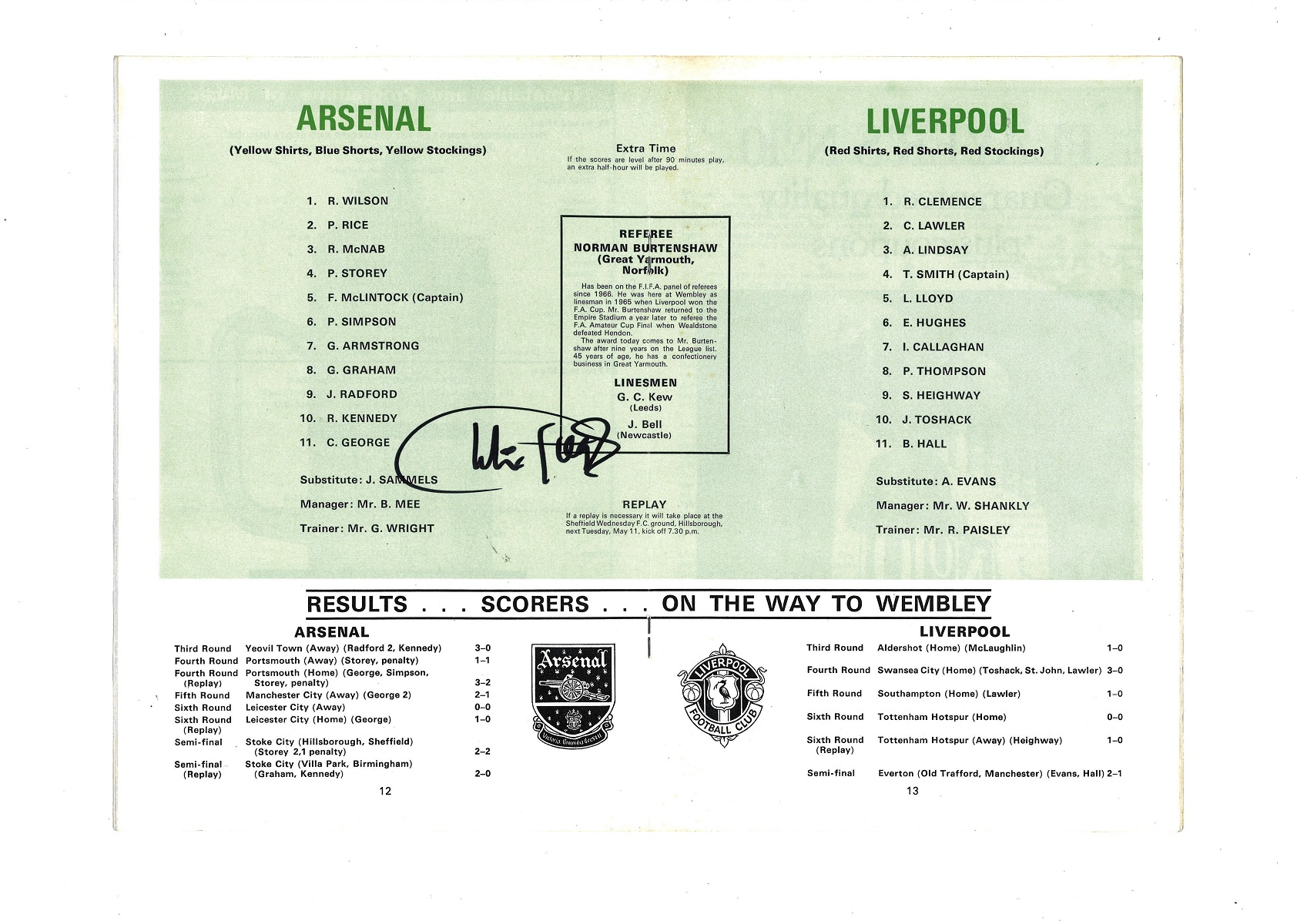 Football Arsenal v Liverpool 1971 FA Cup Final Vintage programme signed in the centre by