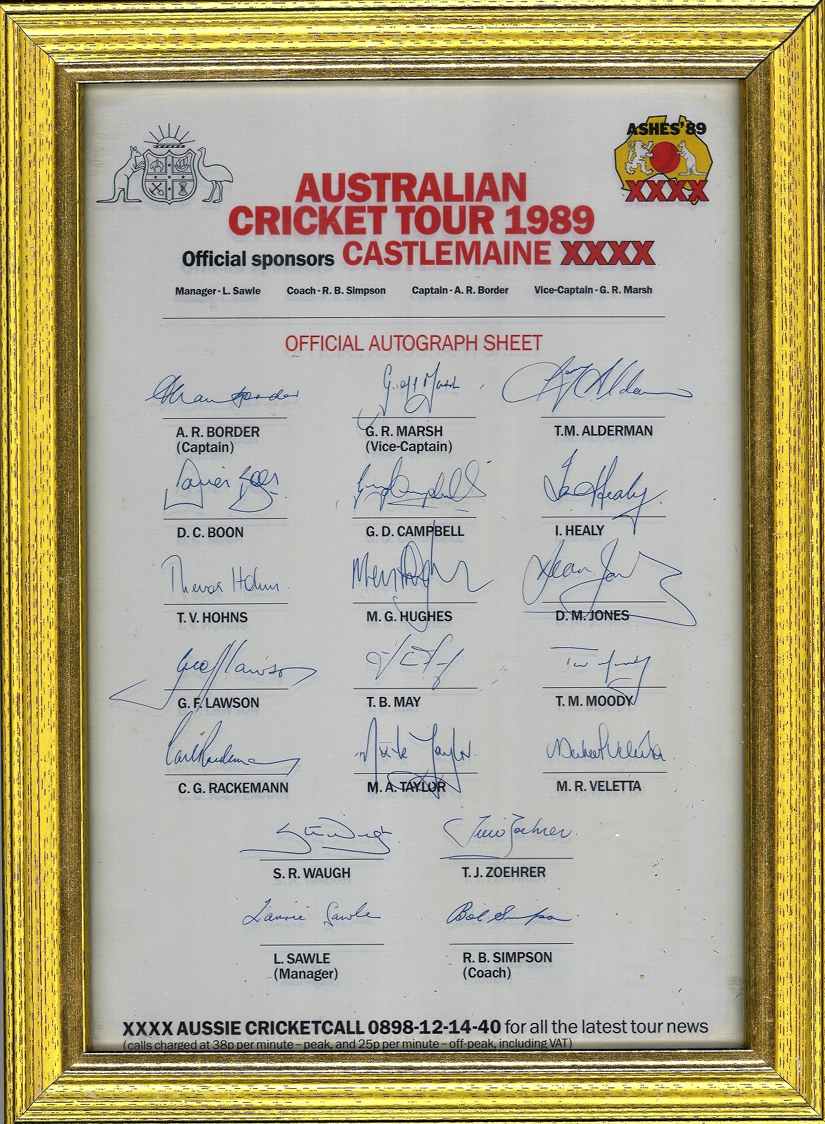 Cricket Australia Cricket Tour 1989 vintage multi signed team sheet great names include Border,