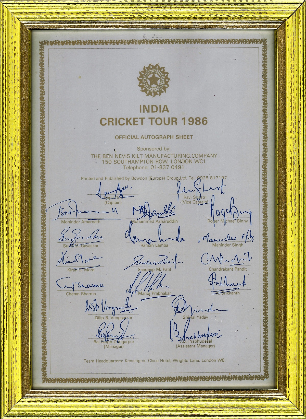 Cricket India Cricket Tour 1986 vintage multi signed team sheet legendary names include Dev,