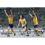 Autographed ARSENAL 12 x 8 photo - Colorized, depicting a montage of images relating to a 3-2