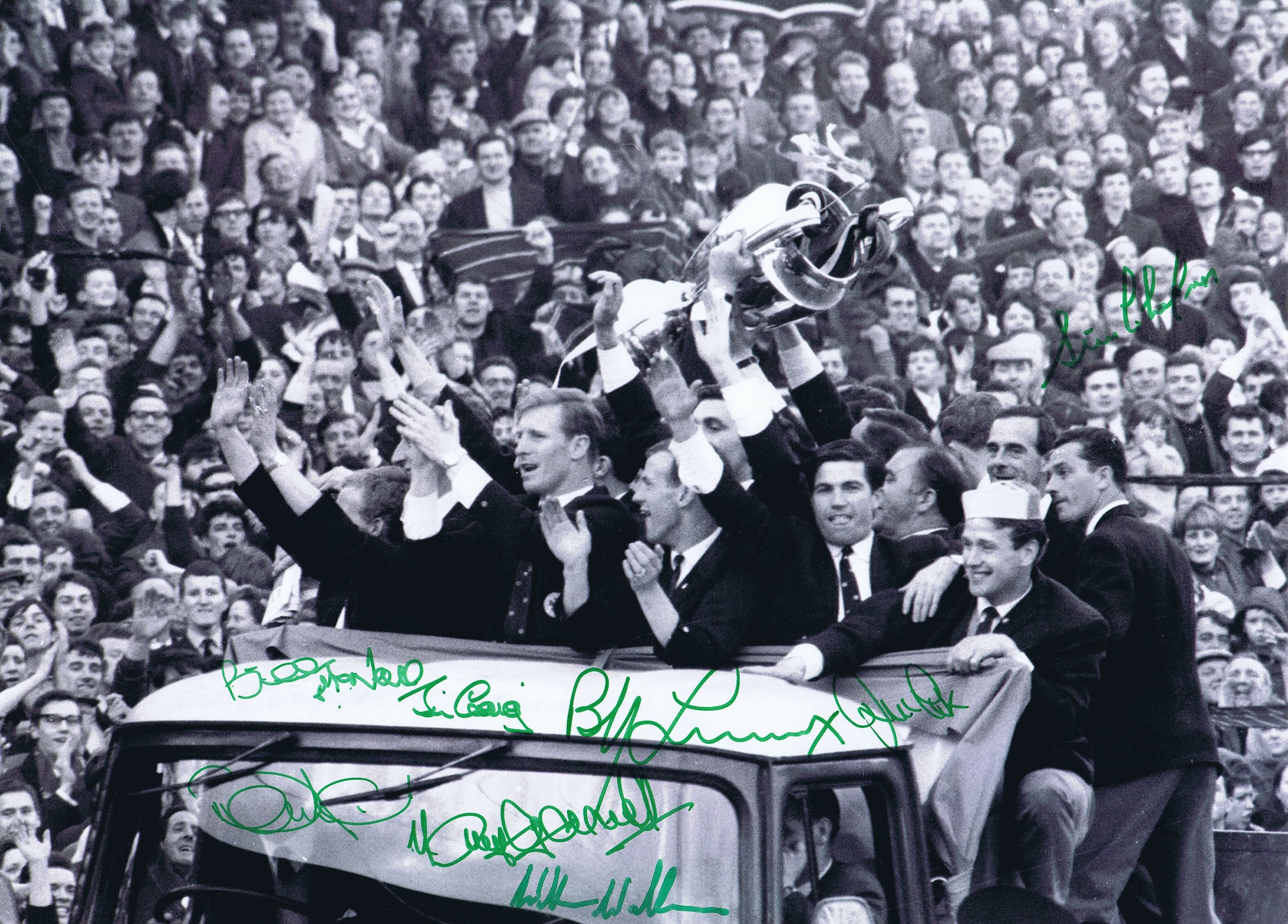 Autographed CELTIC 16 x 12 photo - B/W, depicting Celtic players parading the European Cup around