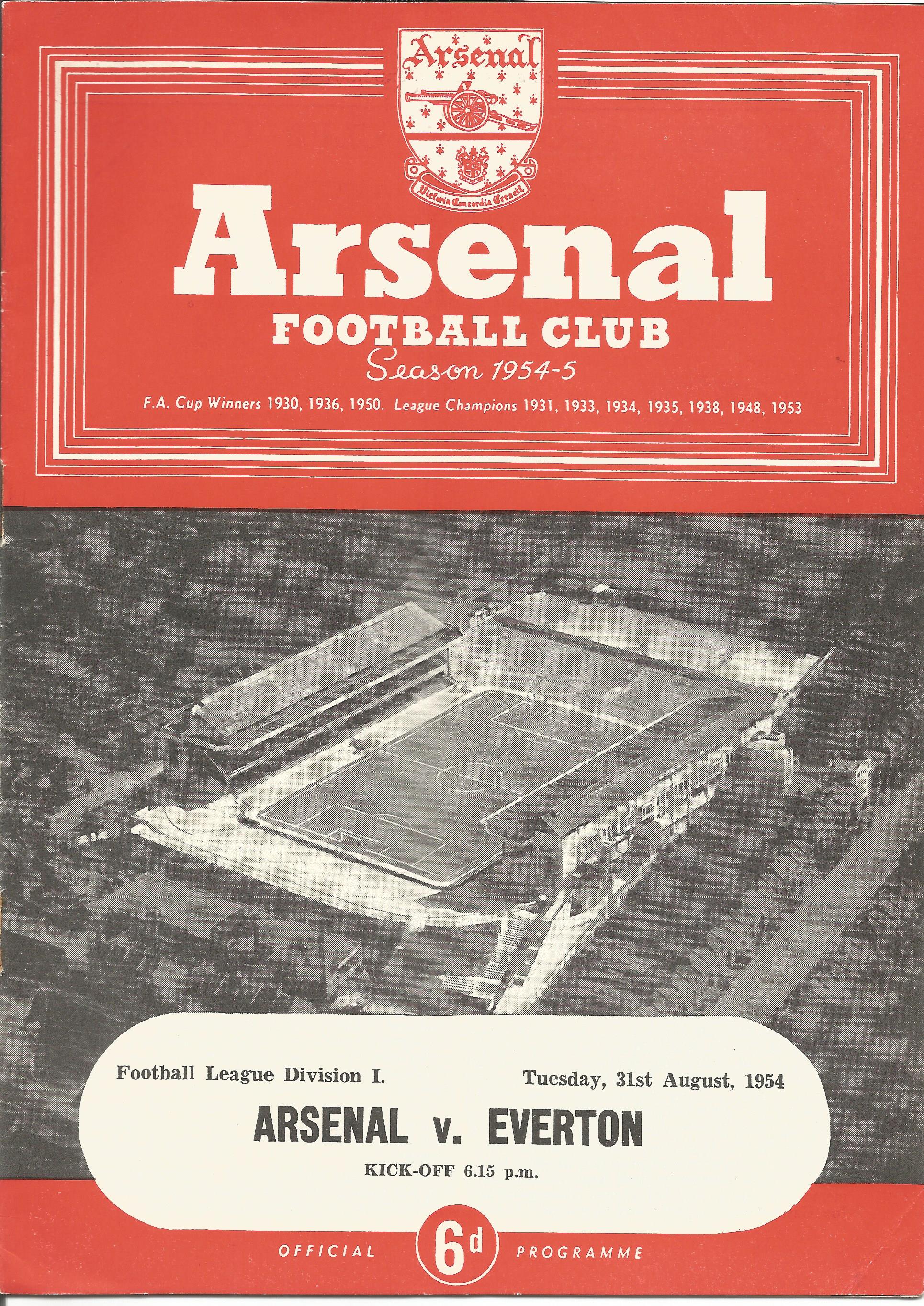 Football vintage programme Arsenal v Everton Football League Division One 31st August 1954. Good