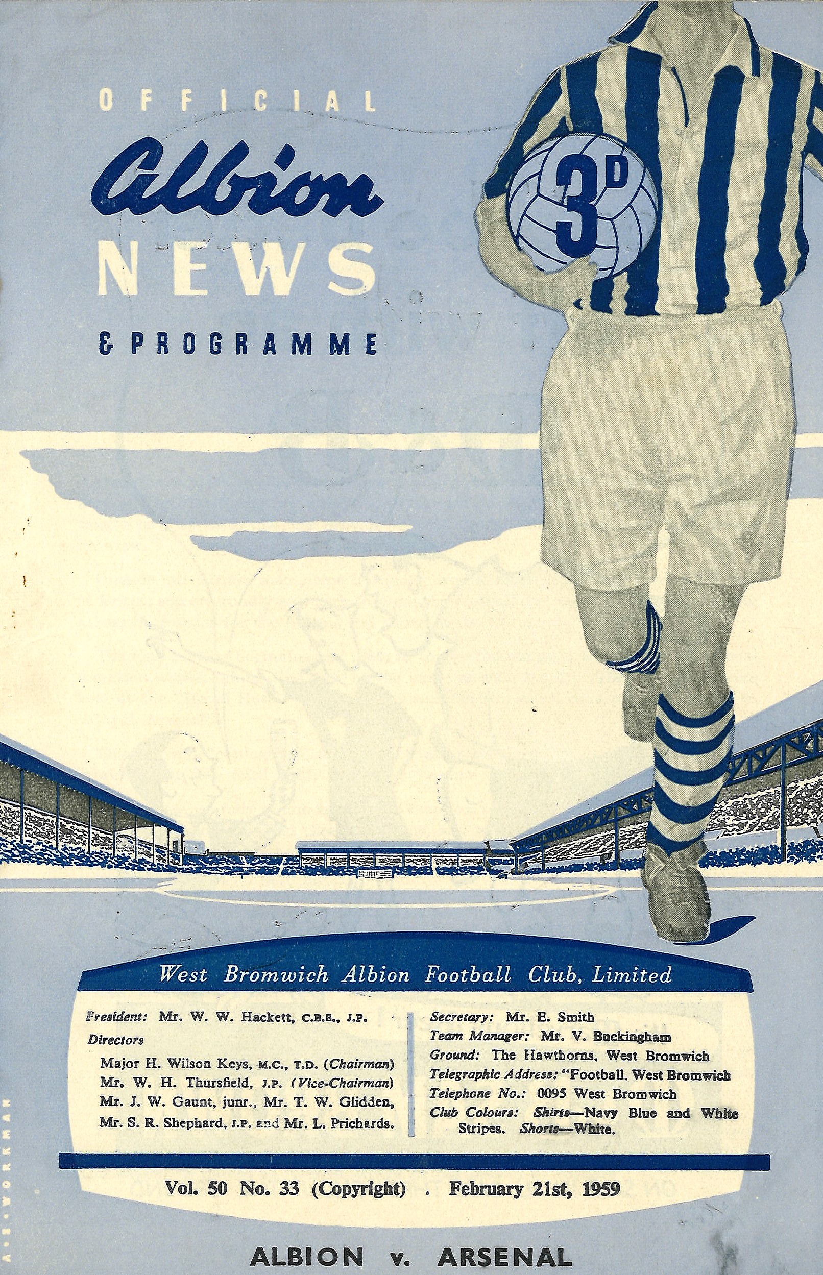 Football vintage programme West Bromwich Albion v Arsenal League Division One 21st February 1959.