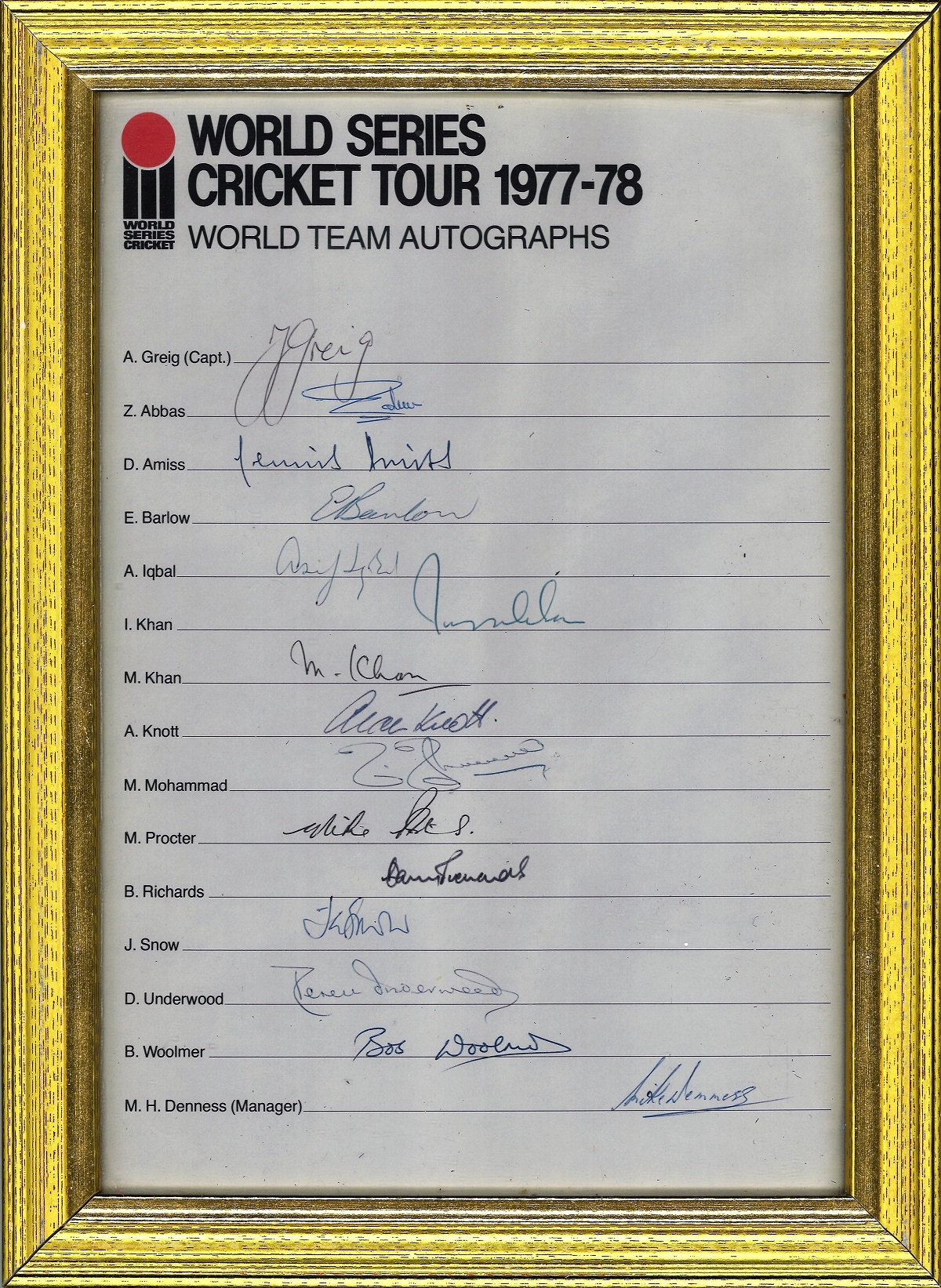 Cricket World Series 1977-78 vintage multi signed framed team sheet World Team includes Tony