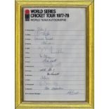 Cricket World Series 1977-78 vintage multi signed framed team sheet World Team includes Tony