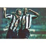 Football Alan Shearer signed 12x8 colour photo pictured celebrating while playing for Newcastle