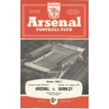 Football vintage programme Arsenal v Burnley Football League Division One 21st August 1956. Good