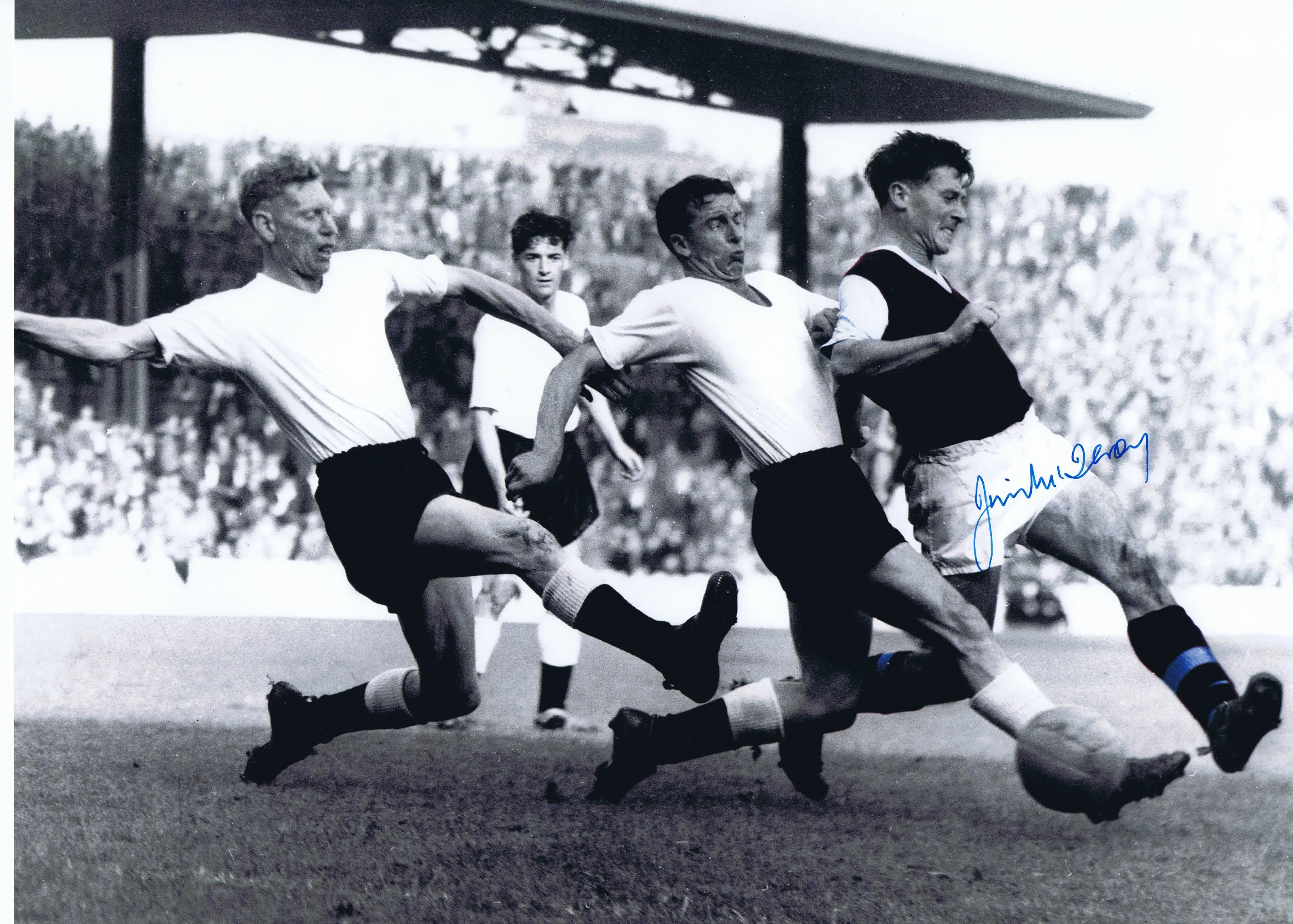 Autographed JIMMY McILROY 16 x 12 photo - Colorized, depicting a wonderful image the Burnley