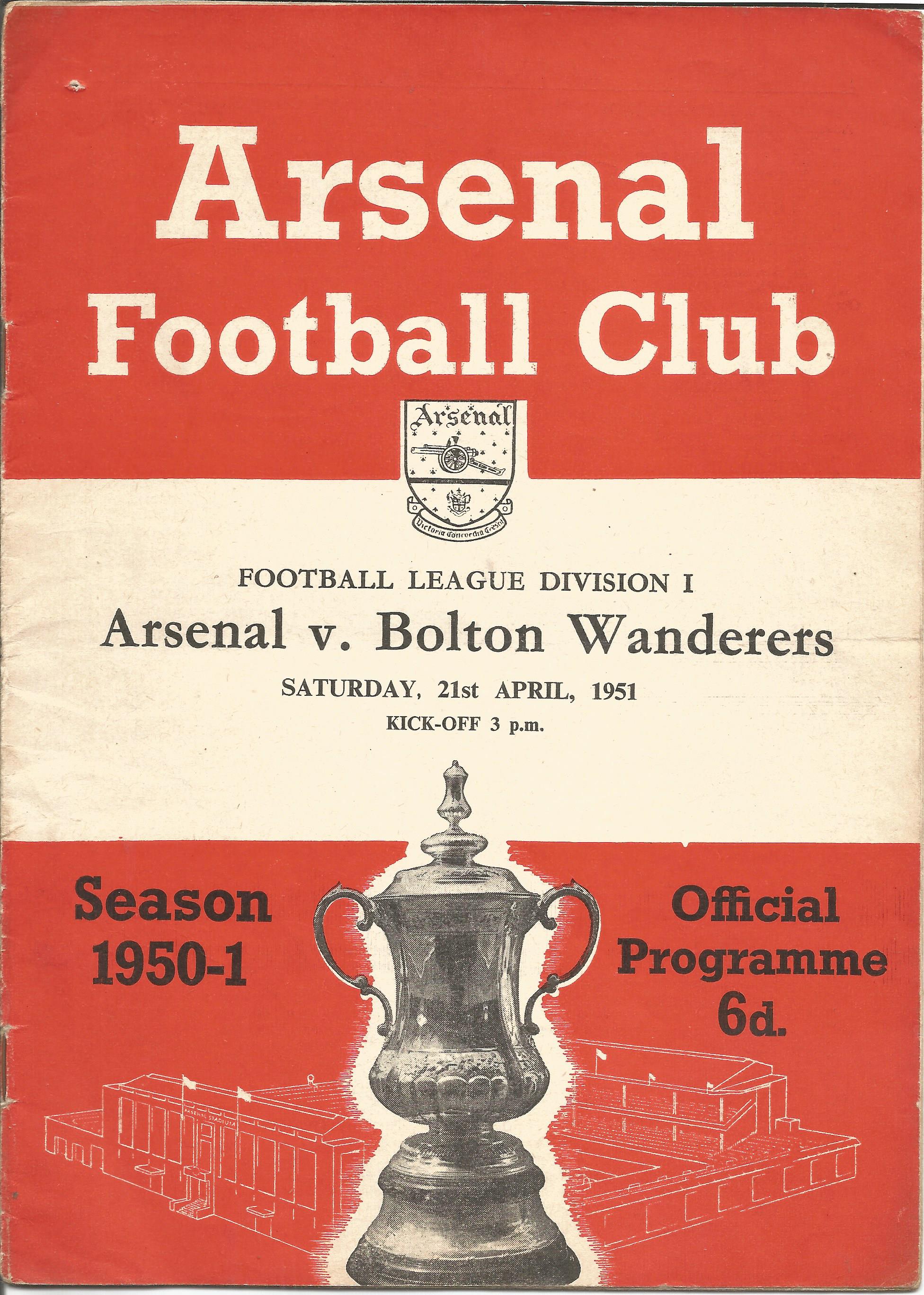 Football vintage programme Arsenal v Bolton Wanderers League Division One 21st April 1951. Team
