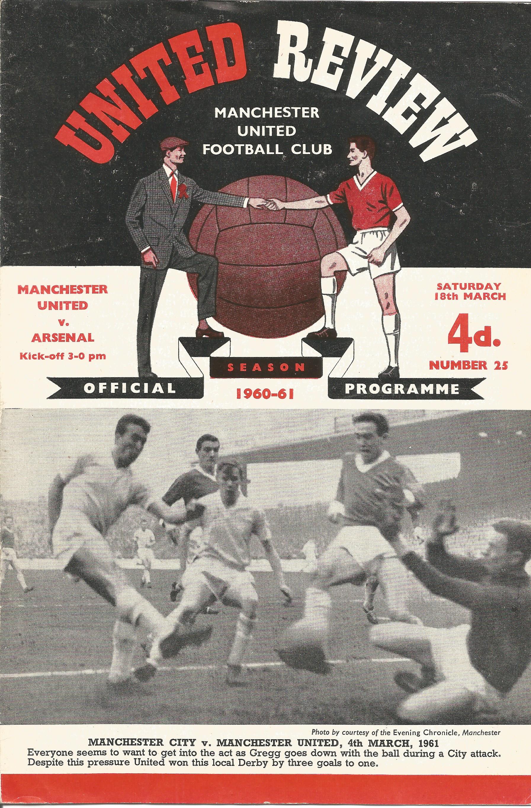 Football vintage programme Manchester United v Arsenal League Division One 18th March 1961 team