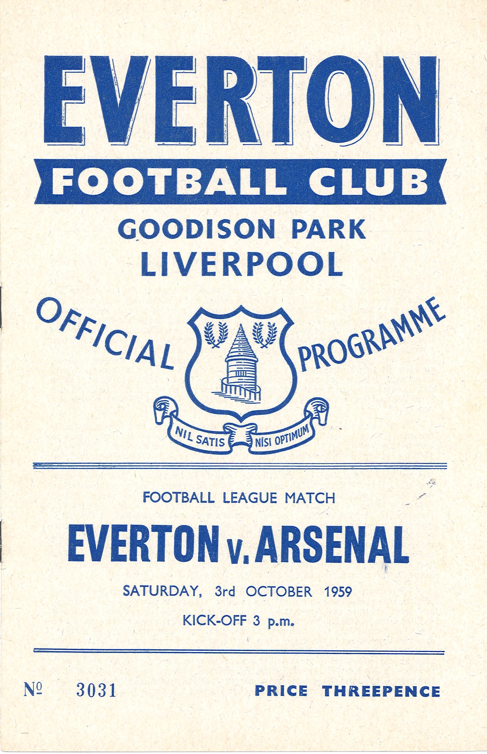 Football vintage programme Everton v Arsenal League Division One 3rd October 1959. Good condition