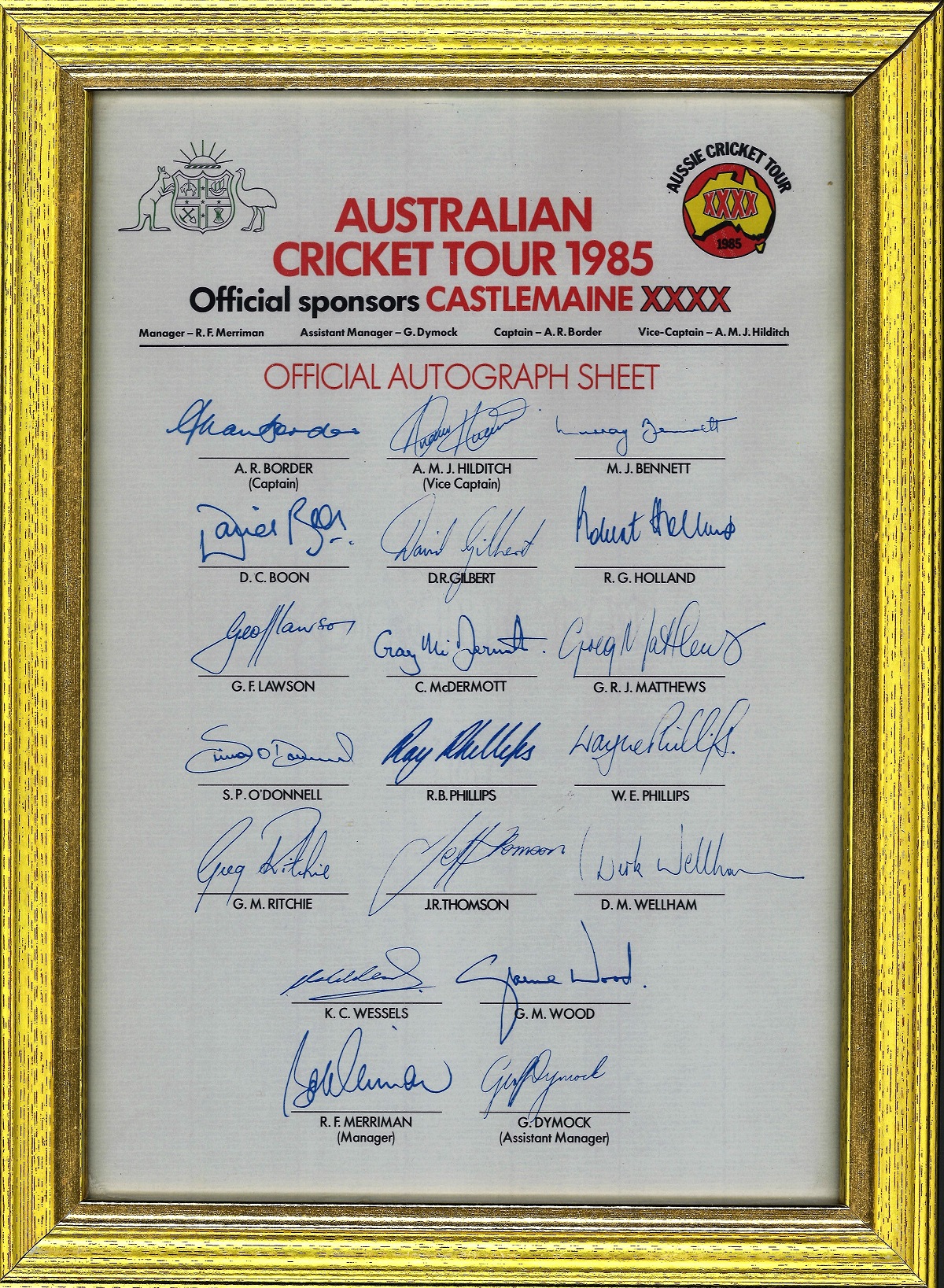 Cricket Australia Cricket Tour 1985 vintage multi signed framed team sheet includes Border,