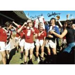 Football Jimmy Greenhoff and Alex Stepney signed 16x12 colour photo pictured celebrating with the FA