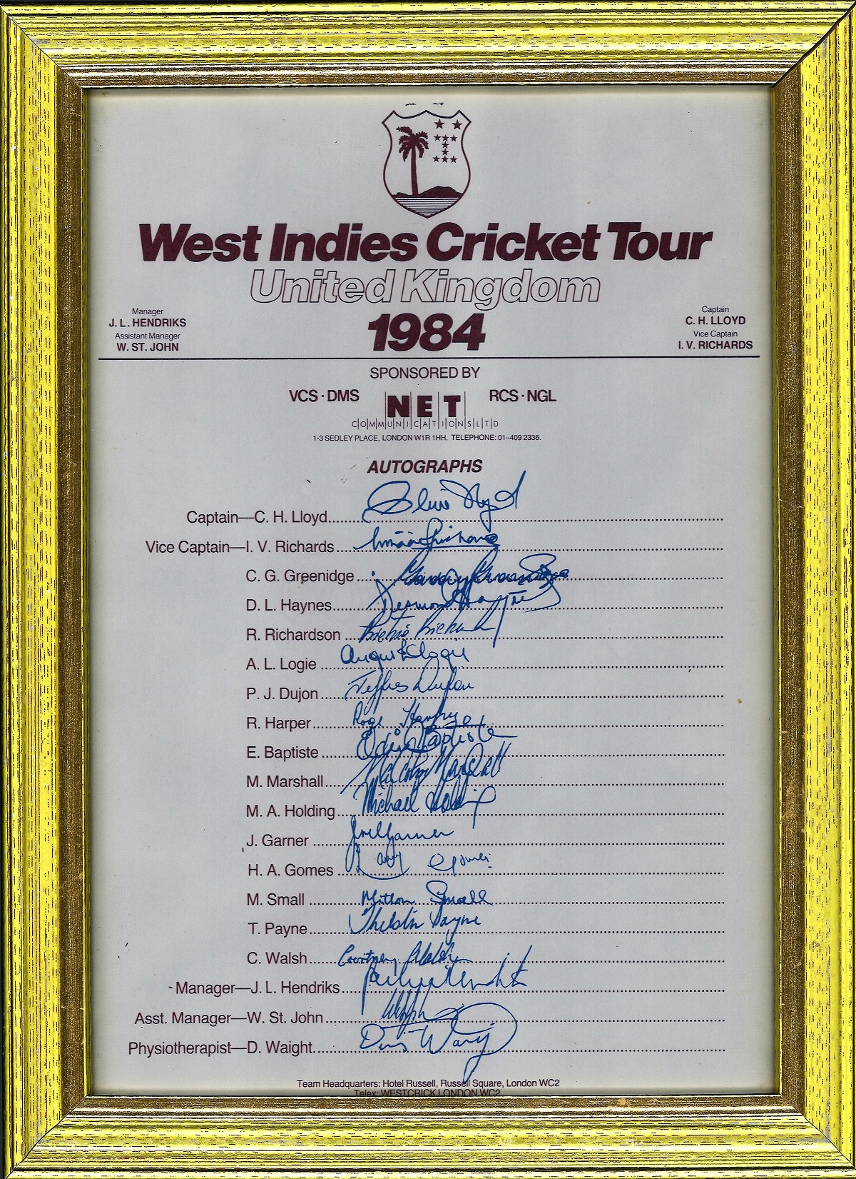 Cricket West Indies Cricket Tour 1984 vintage multi signed team sheet legendary names include Lloyd,