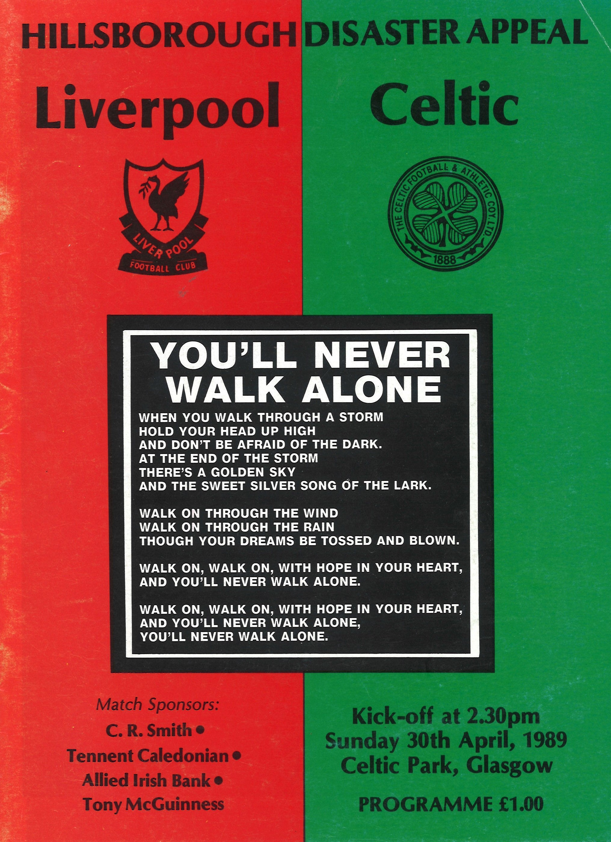 Football Vintage Programme Hillsborough Disaster Appeal Liverpool v Celtic 30th April 1989. Good