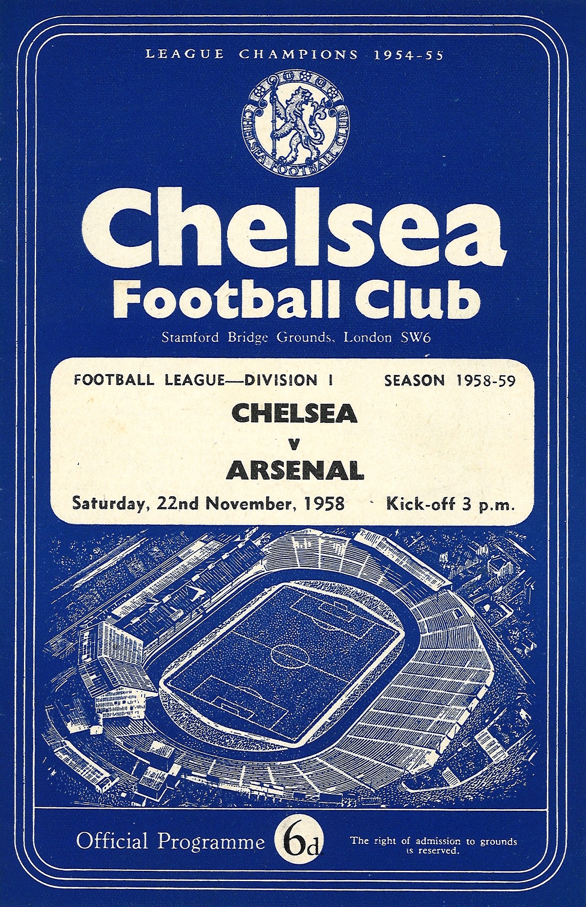 Football vintage programme Chelsea v Arsenal League Division One 22nd November 1958. Good