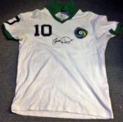 Football Pele signed New York Cosmos replica football shirt rare item with full name signature. Good