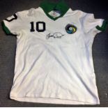 Football Pele signed New York Cosmos replica football shirt rare item with full name signature. Good