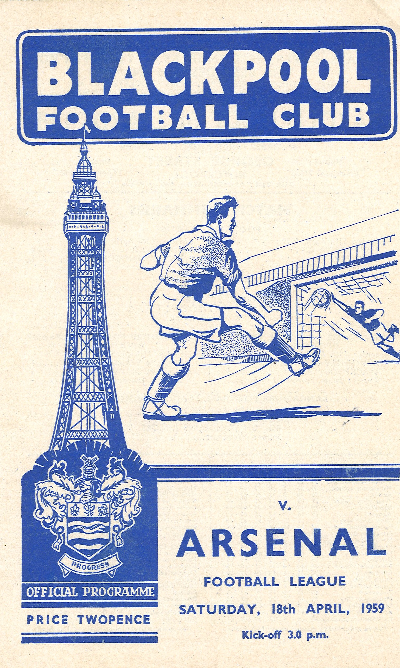 Football vintage programme Blackpool v Arsenal League Division One 18th April 1959. Good condition