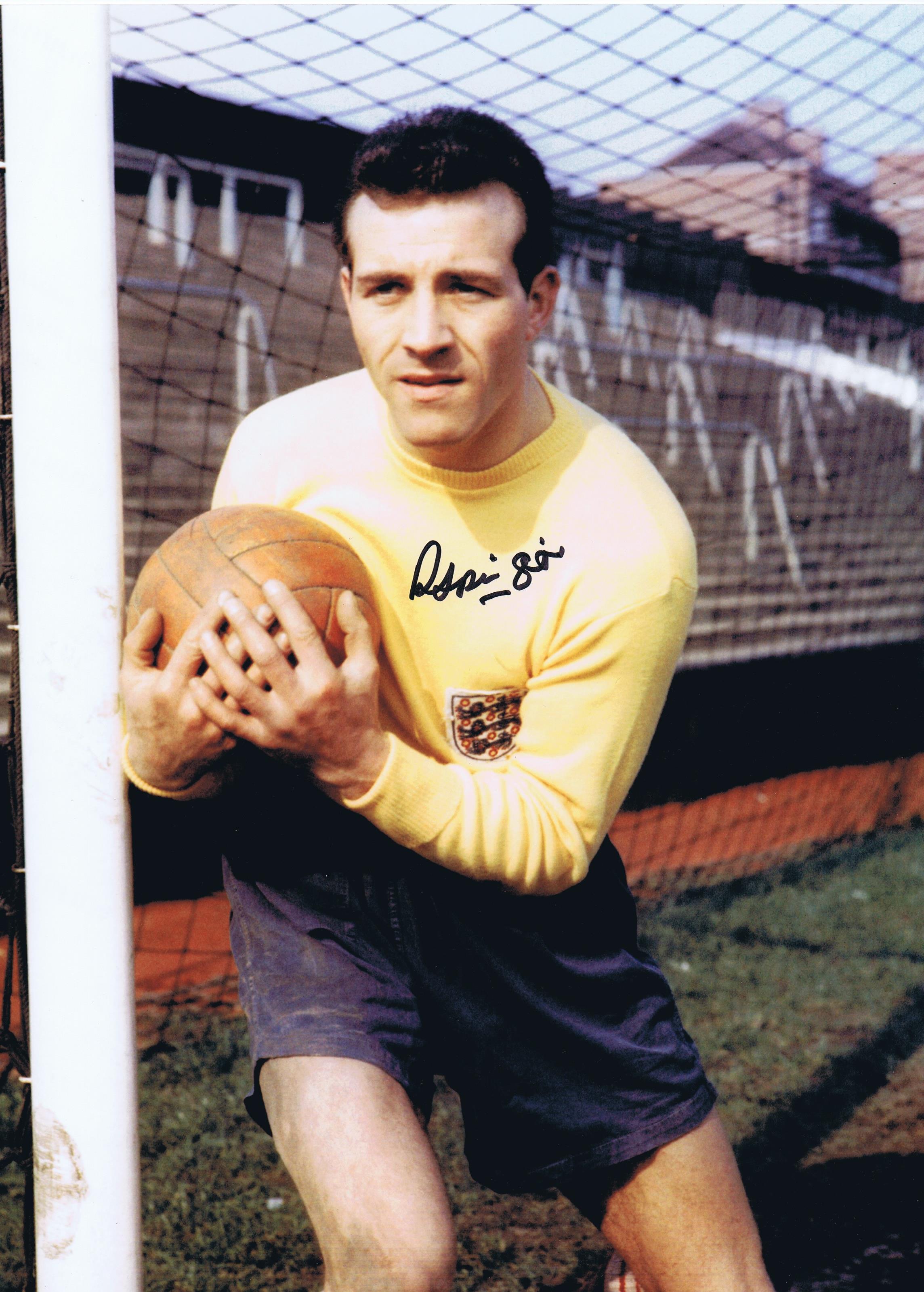 Autographed RON SPRINGETT 16 x 12 photo - Col, depicting the England goalkeeper posing for