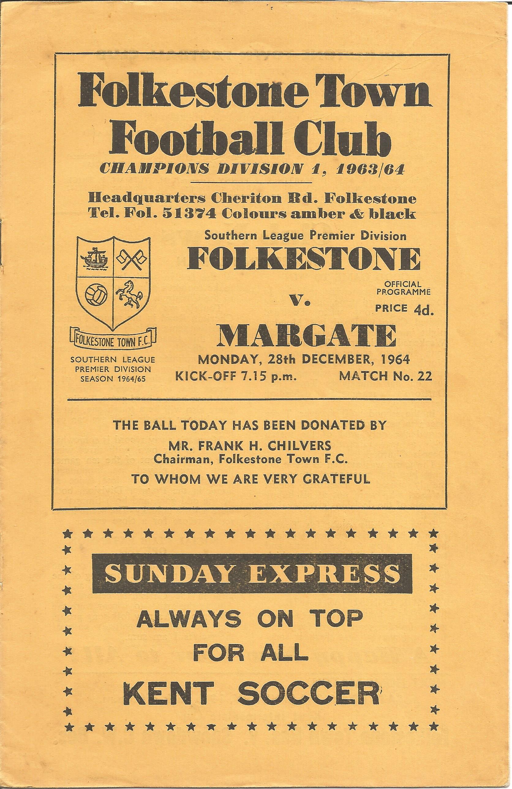 Football vintage programme Folkestone v Margate Southern League Premier Division 28th Dec 1964. Good