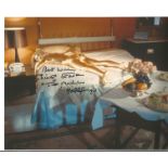 Goldfinger Shirley Eaton signed 10 x 8 inch colour photo covered in gold on bed she has added screen