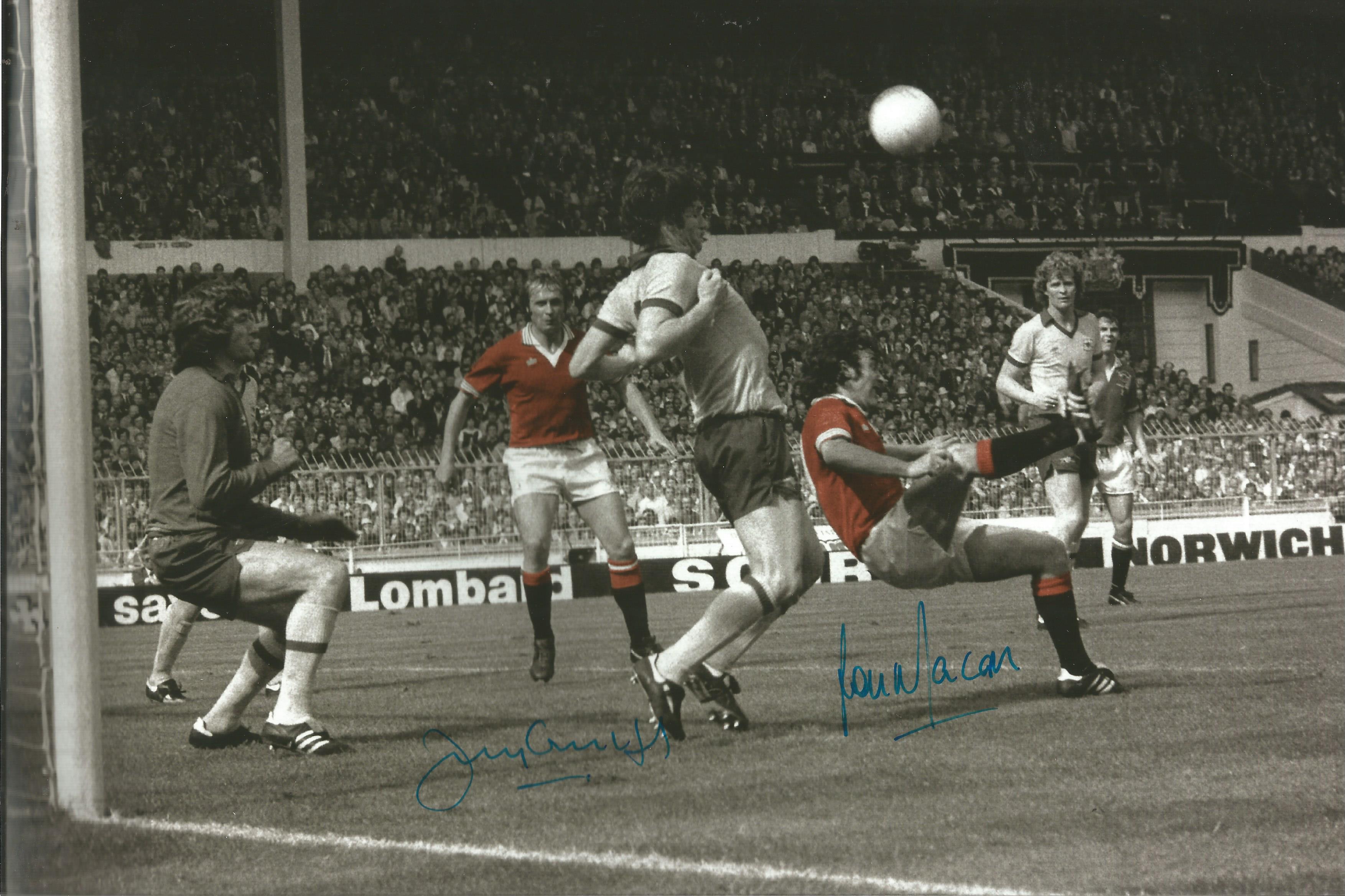 Lou Macari and Jimmy Greenhoff signed 12 x 8 inch colourized Man Utd Football action photo. Good