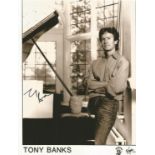 Tony Banks signed 10 x 8 inch b/w Virgin Records photo. Good condition. All autographs come with a