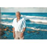 David Attenborough signed superb 12 x 8 inch colour photo beach scene with waves breaking in