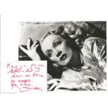 Marlene Dietrich signed white card with 10x8 black and white unsigned photo. Good condition. All