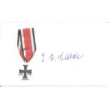 Emil Clade WWII German Ace Gold Cross signed 5 x 3 card. Good Condition. All autographs come with