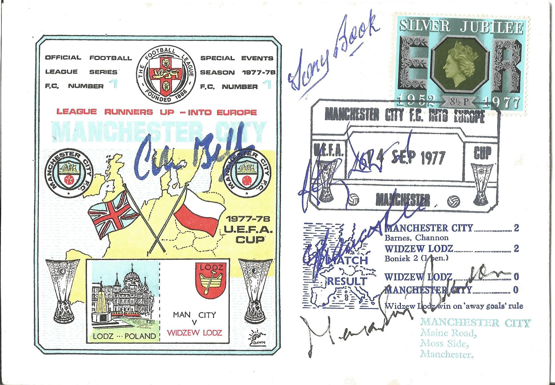 Manchester City legends signed FDC Man City v Widzew Lodz 1977 UEFA Cup signed by Colin Bell, Malcom