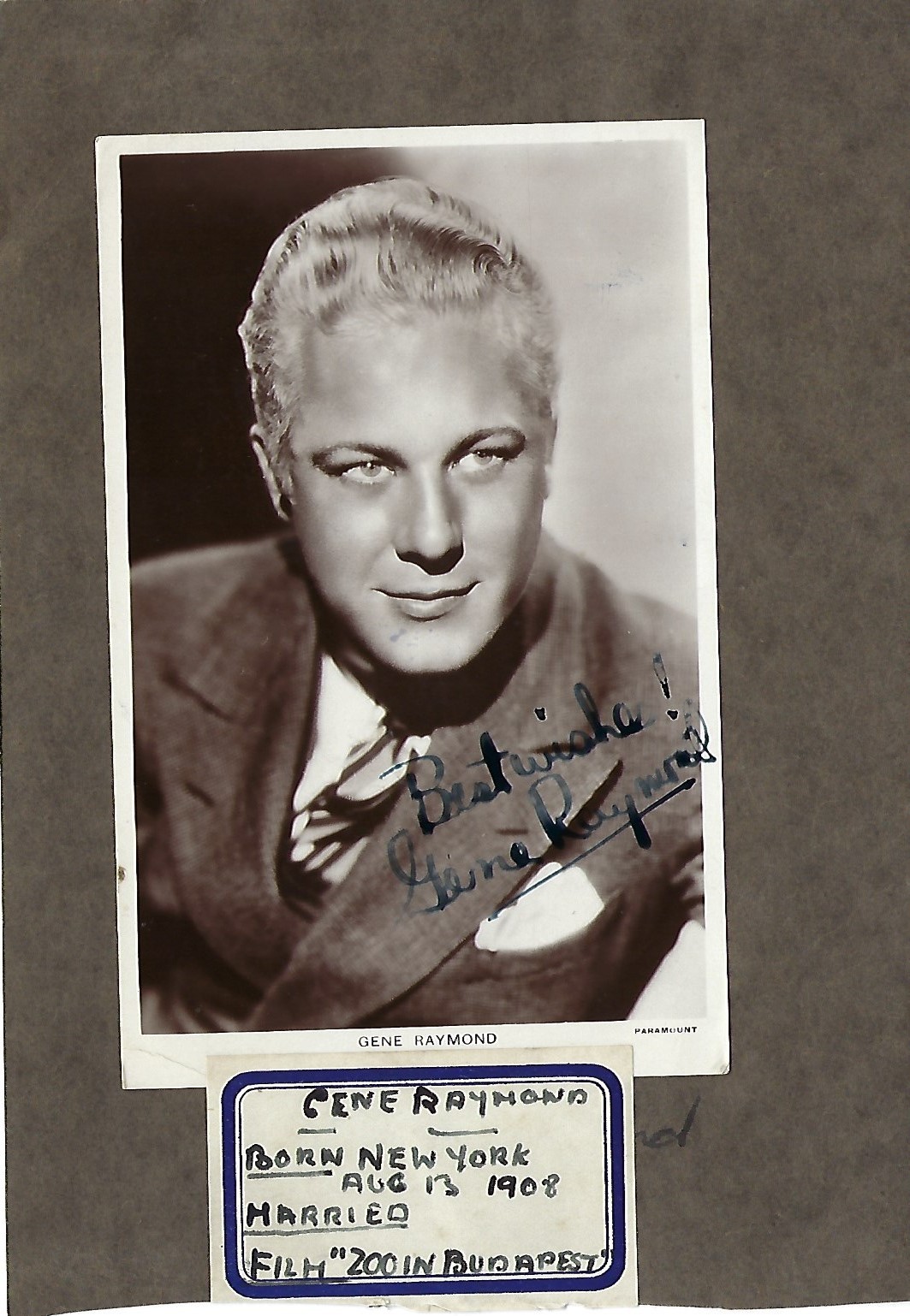 Gene Raymond Signed 6 x 4 inch b/w photo mounted to card. Condition 6/10. Good Condition. All