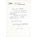 A. C. Campbell - Orde signed handwritten letter replying to a request for signatures. Good