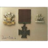 Tasker Watkins VC signed 4 x 6 colour postcard showing the Cap Badge, The Victoria Cross and The