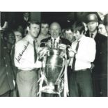 Football Pat Crerand signed 10x8 black and white photo pictured celebrating with Sir Matt Busby,