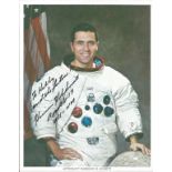 Apollo 17 moonwalker Harrison Schmitt signed 10 x 8 inch colour white space suit photo to Kelly.