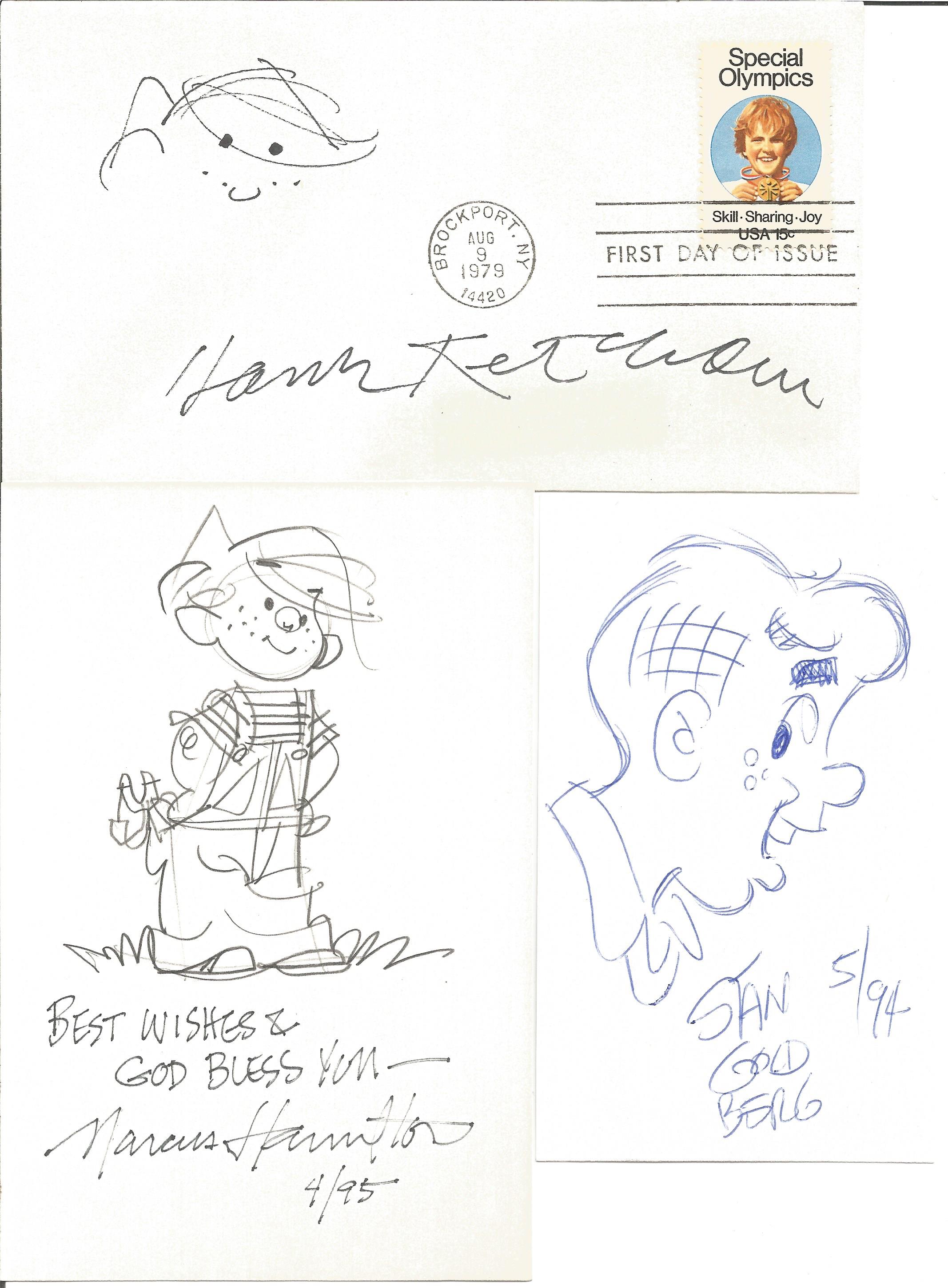 Cartoonists autograph and original sketch collection. Five items: An FDC with a cachet honouring the