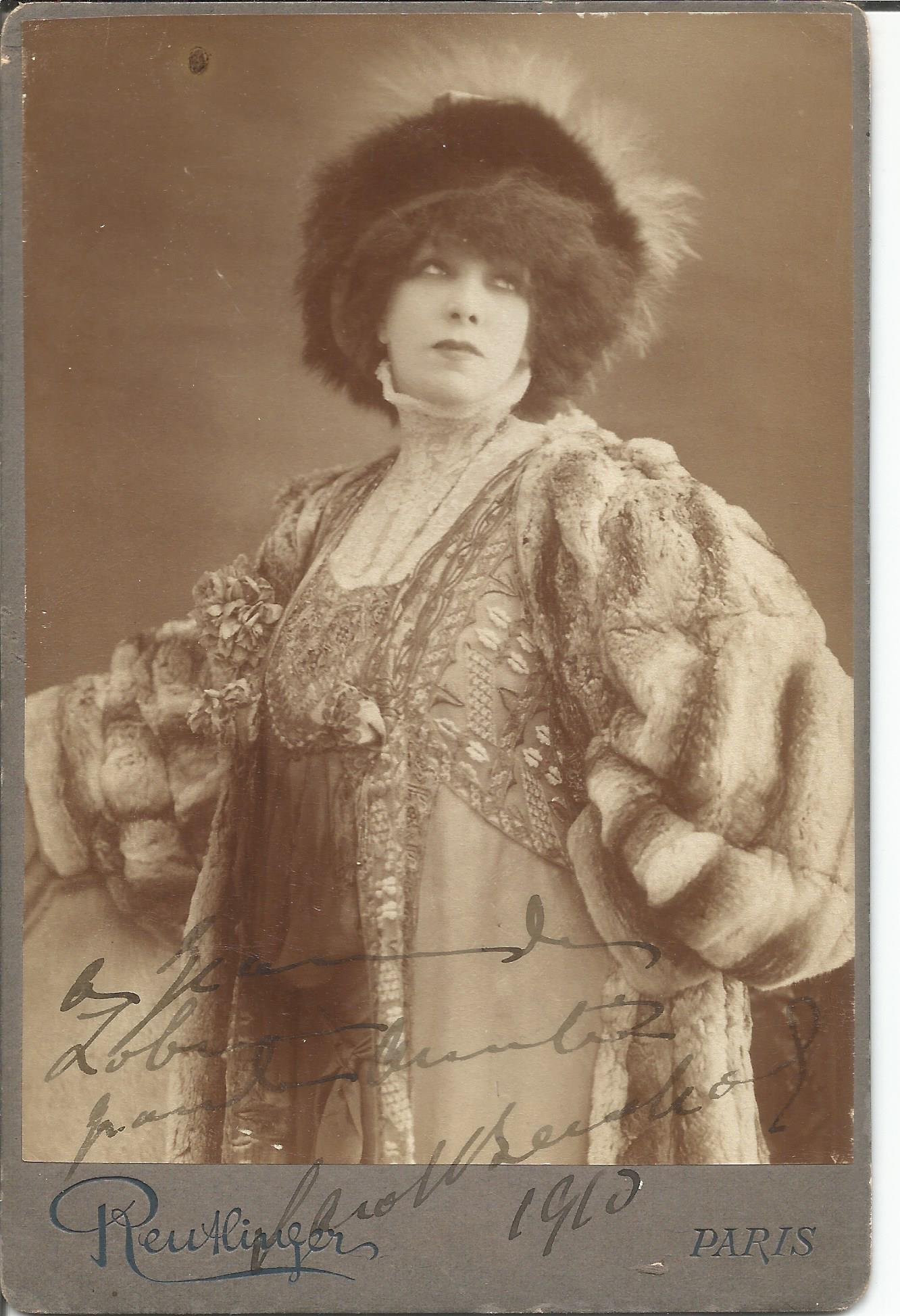 Sarah Bernhardt, signed 6 x 4 inch sepia vintage cabinet photo dated 1910, scarce autograph.