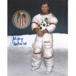 Apollo Moonwalker John Young signed rare 10 x 8 inch colour white space suit photo, slight crease