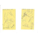 George Best Football Testimonial multiple signed autograph album pages. Two 6 x 4 inch yellow sheets