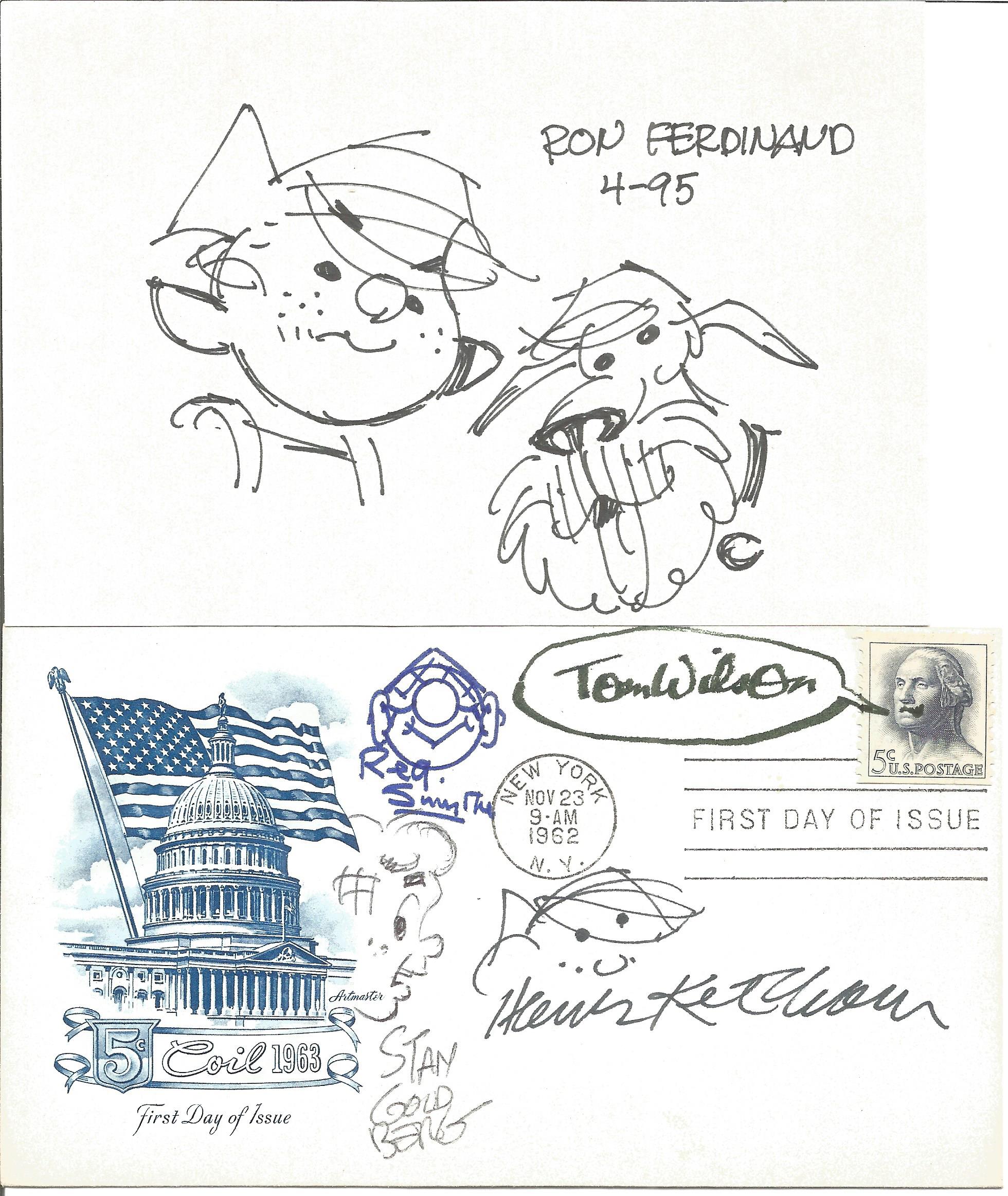 Cartoonists autograph and original sketch collection. Five items: An FDC with a cachet honouring the - Image 2 of 2