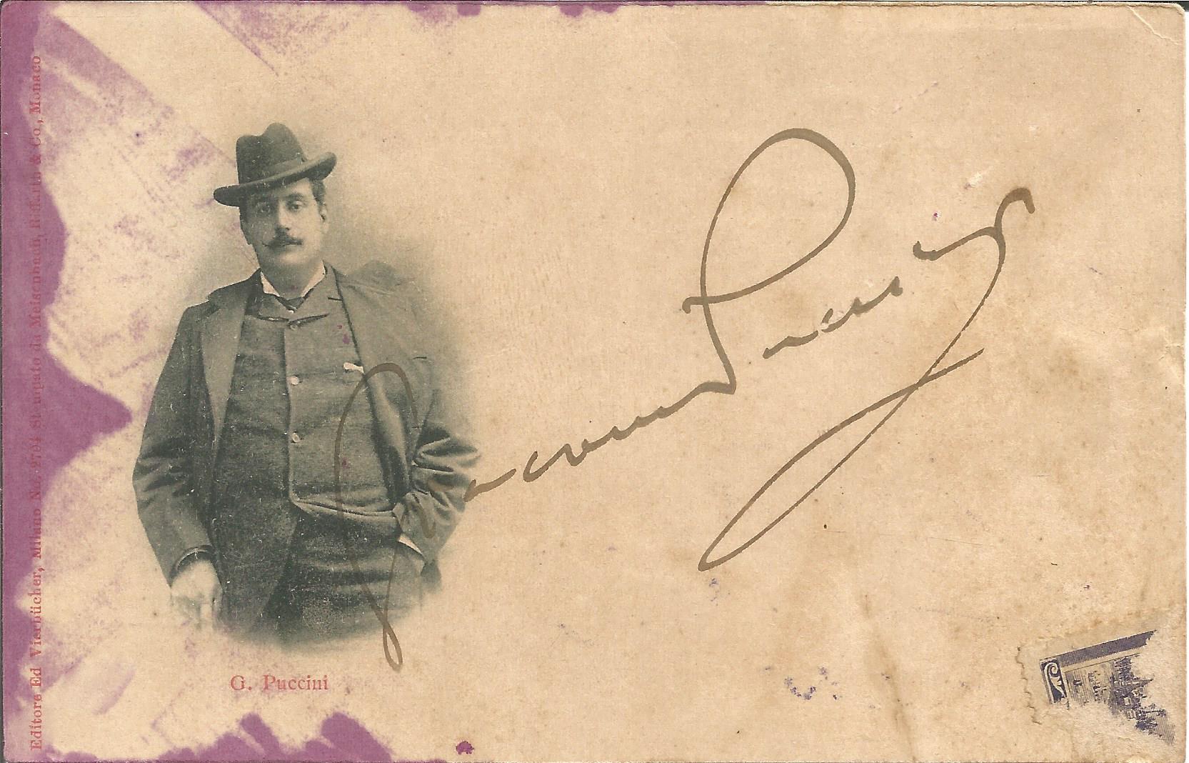 Giacomo Puccini (1858-1924), signed portrait postcard photograph. Slight staining to LH side, but