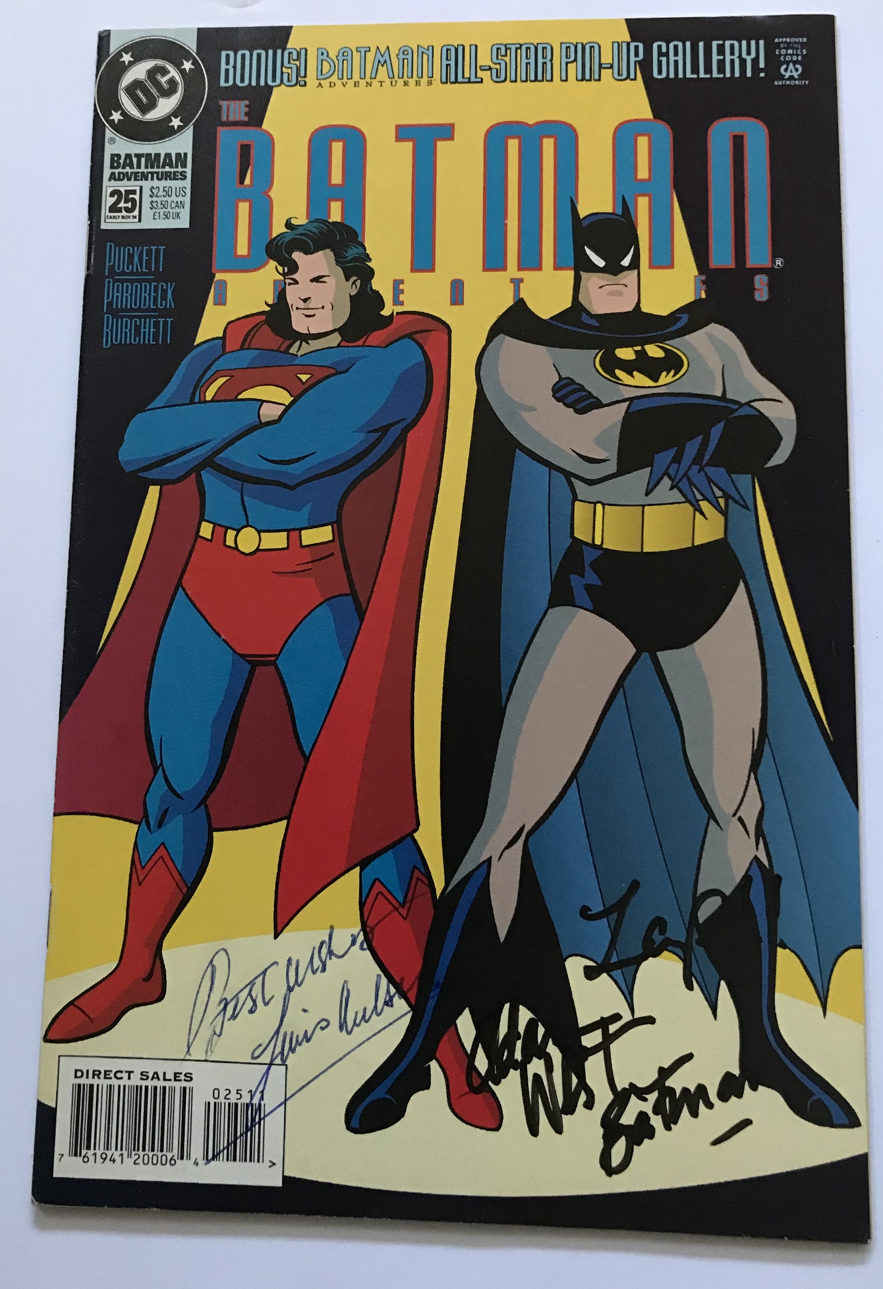 Adam West signed DC Batman Comic, with second unidentified autograph Lewis Aulsey. Good condition.