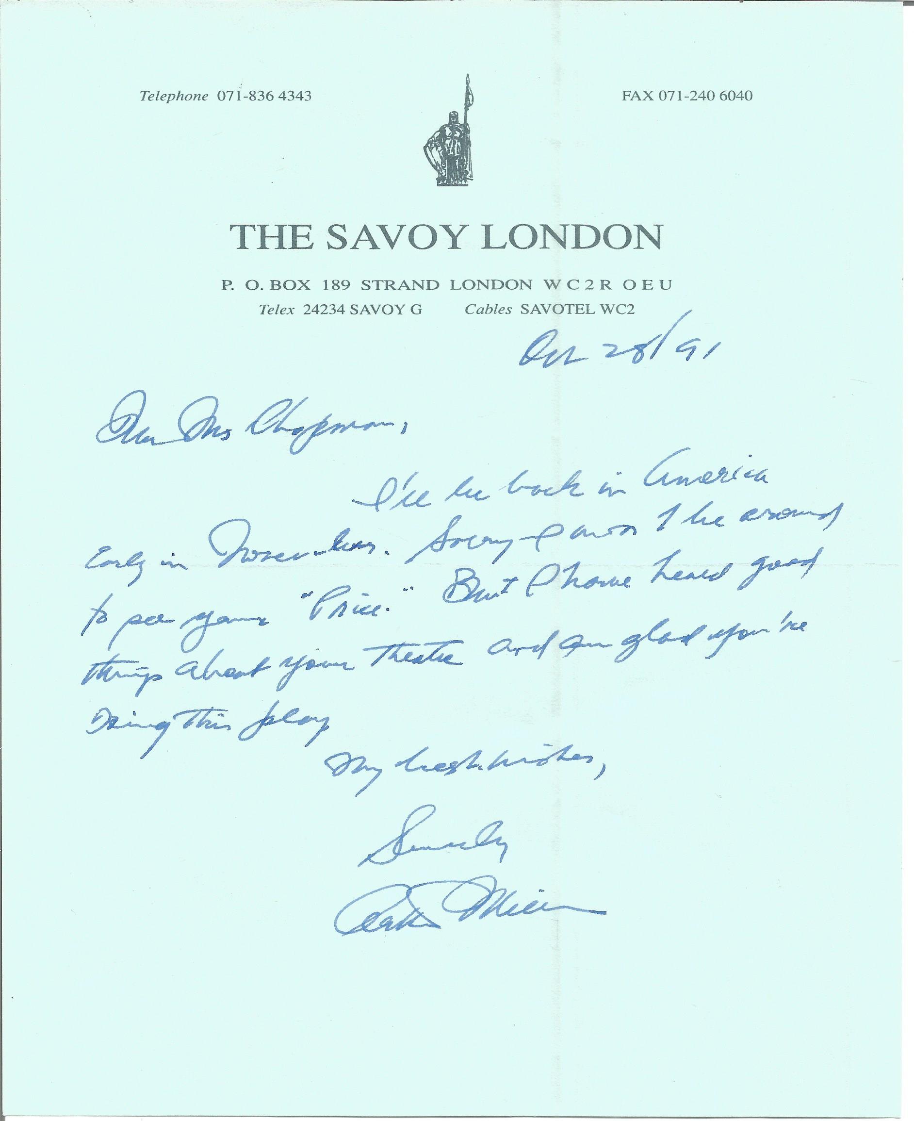 Arthur Miller ALS dated 1991 on The Savoy London notepaper. Good condition. All signed pieces come